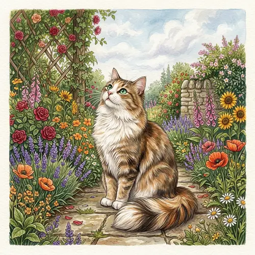 Domestic Cat Enjoying Peaceful Garden with Blooming Flowers