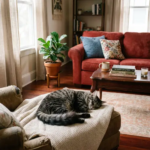 Charming Domestic Cat Resting in Warmly Lit Living Room
