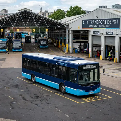 Dark Blue & Light Blue Bus with Depot Background