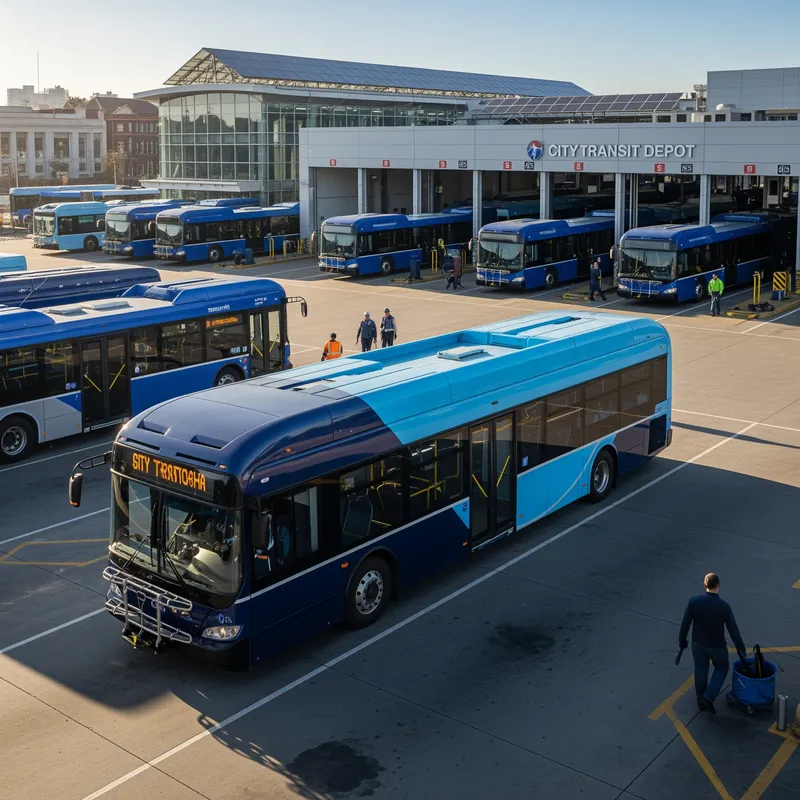 Dark Blue & Light Blue Bus with Depot Background