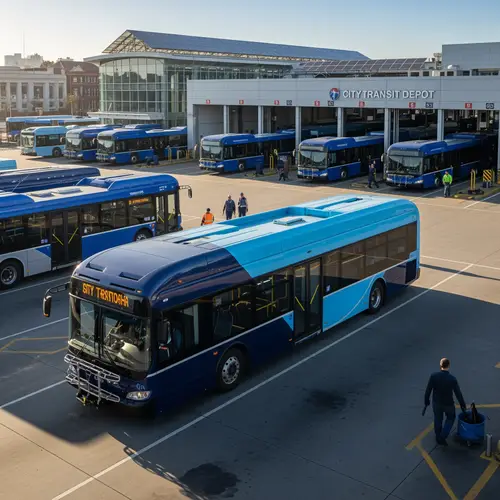 Dark Blue & Light Blue Bus with Depot Background