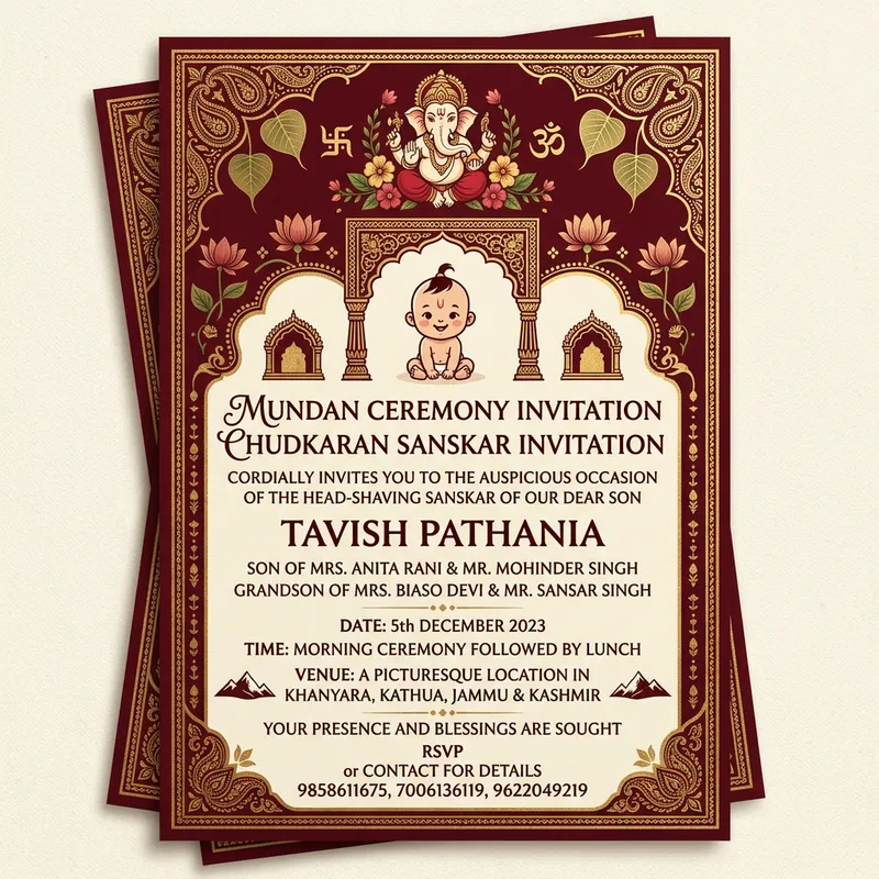 Traditional Mundan Ceremony Invitation Card for Tavish Pathania | 5th Dec 2023 Traditional Mundan Ceremony Invitation Card for Tavish Pathania | 5th Dec 2023
