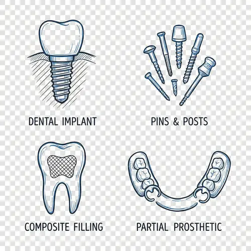 Dental Icons Collection: Implants, Pins, Filling & Prosthetics