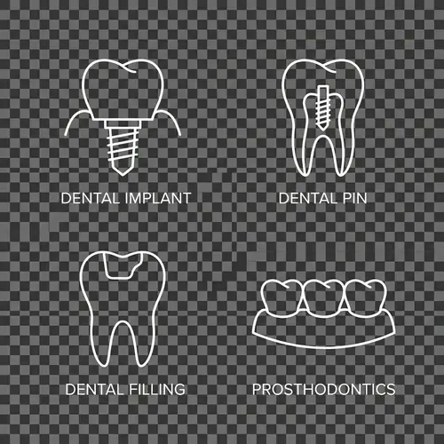 Line Art Dental Icons: Implants, Pins, Filling & Prosthodontics