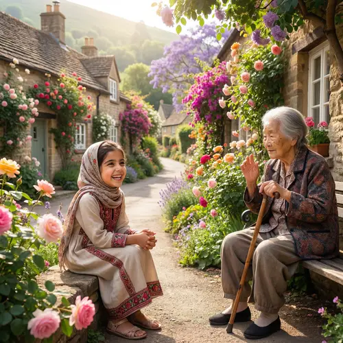 Serene Village with Blooming Flowers: Middle-Eastern Girl and Wise Asian Grandmother Story