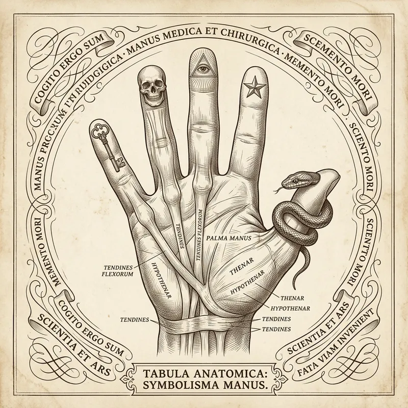 Victorian Era Hand Illustration with Key, Skull, Eye, Star & Snake