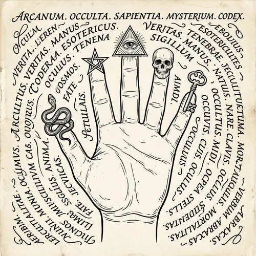 Mystical Hand Illustration with Key, Skull, Eye, Star, and Snake