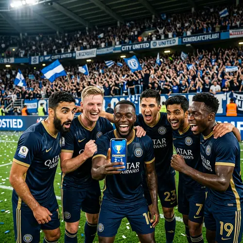 Diverse Football Players Celebrating in Stadium with Mobile Phone