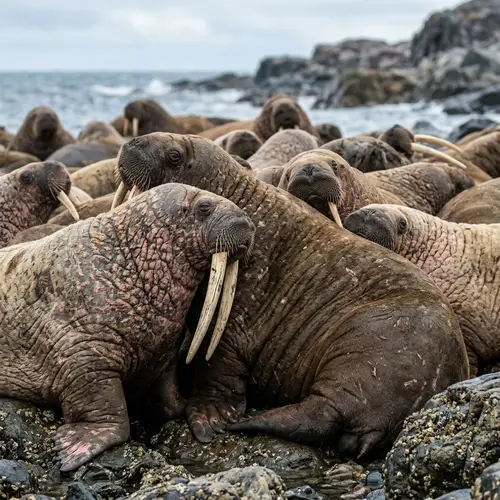 Walruses on Rocky Shoreline - Arctic Wildlife