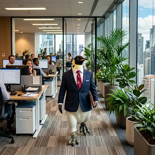Charismatic Penguin in Sophisticated Suit and Tie at Corporate Office