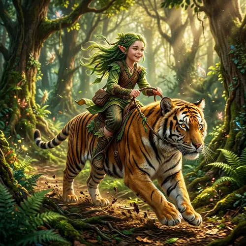 Elf Girl with Green Hair Riding a Tiger | Enchanting Forest Scene