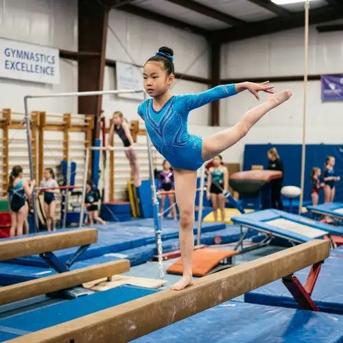 Young Asian Girl Gymnastics Routine on Balance Beam