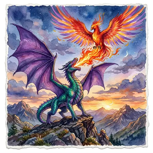 Majestic Purple Dragon Breathing Fire in Watercolor