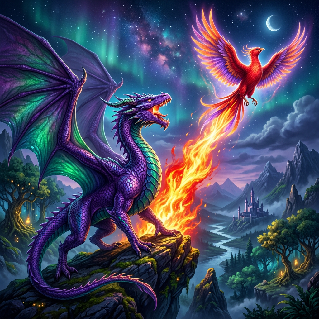Majestic Dragon and Phoenix in Enchanting Landscape | AI Art
