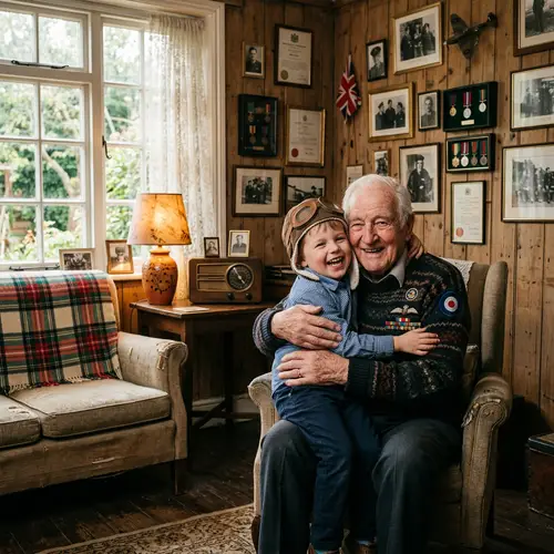 Heartwarming Generational Bonding: Elderly War Veteran Embracing Grandson