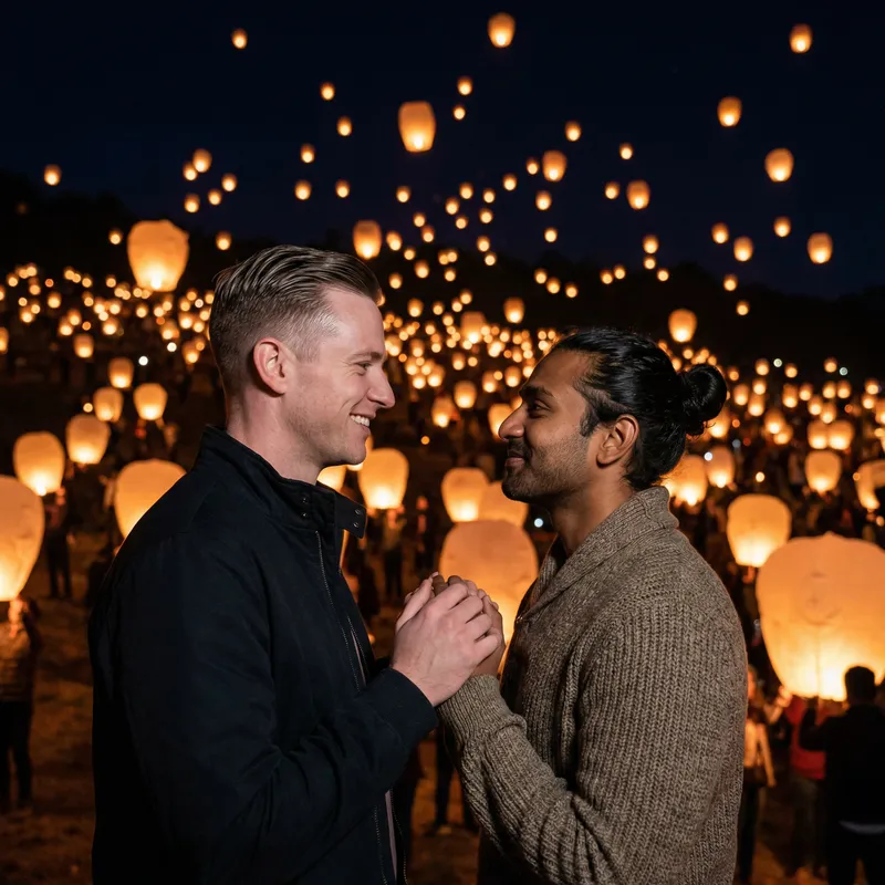Heartwarming Portrait of a Couple in Love Among Sky Lanterns Heartwarming Portrait of a Couple in Love Among Sky Lanterns