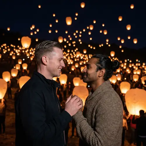 Heartfelt Portrait of Loving Couple Surrounded by Sky Lanterns