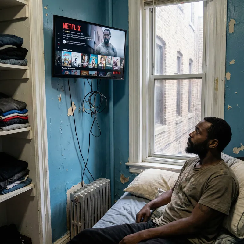 Realistic Depiction of Black Man Watching 32-Inch TV in Urban Low-Income Setting