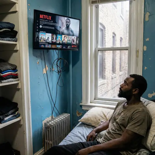 Realistic Image of Black Man Lounging in Small Room Watching 32-Inch TV