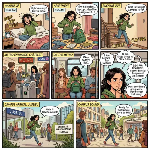 College Student's Busy Day in Paris: Sophie's Environmental Science Journey