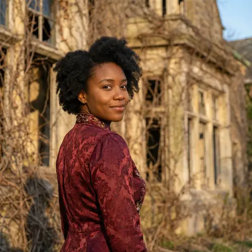 Stunning Model in Classy Red Dress at Abandoned Mansion