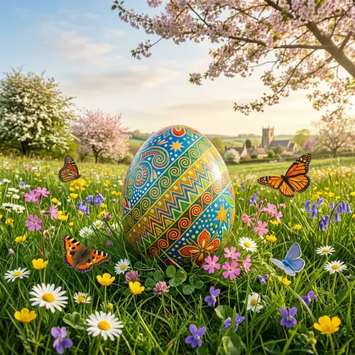 Joyful Easter Celebration with Vibrant Egg & Spring Flowers