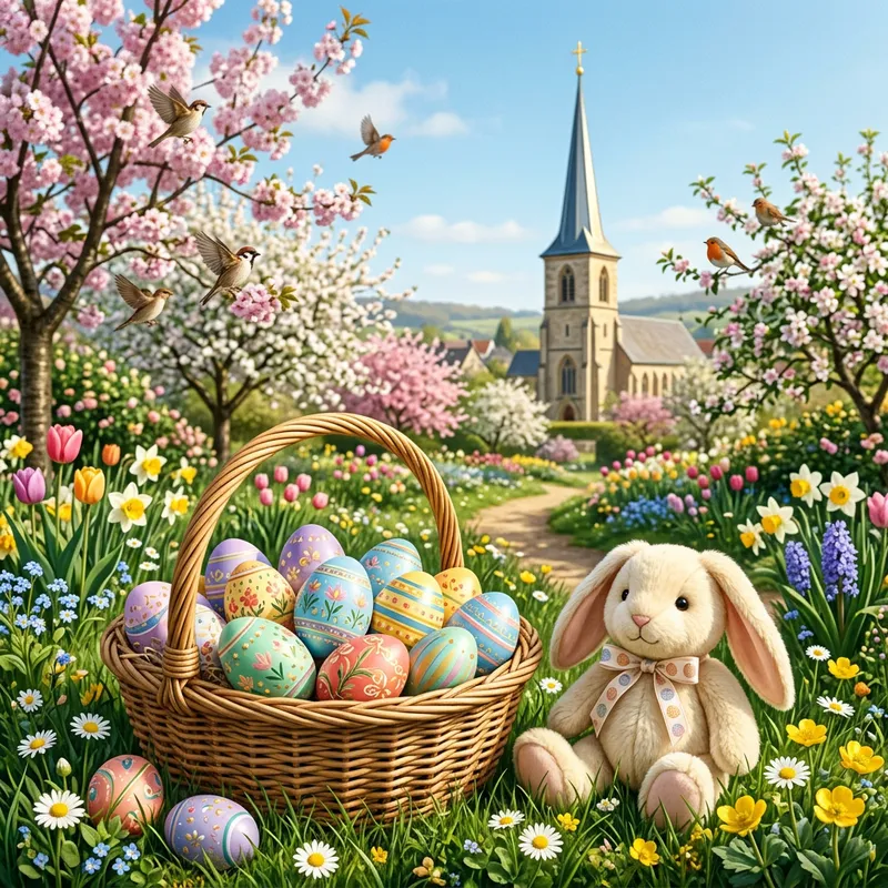 Vibrant Easter Scene with Plush Bunny in Enchanting Garden