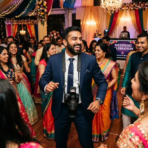 Enthusiastic South Asian Wedding Photographer Dancing