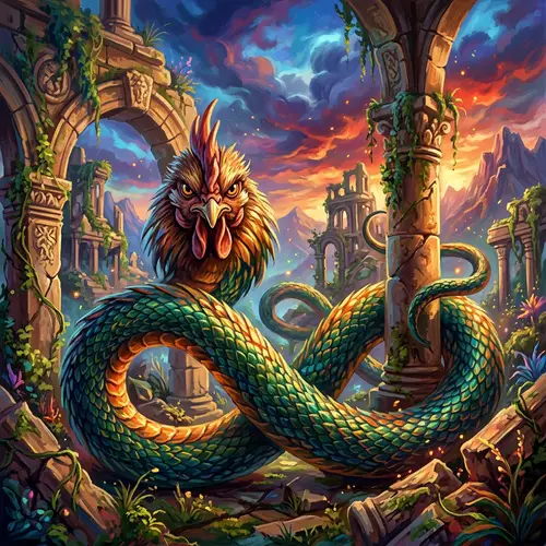 Mythical Chicken-Headed Serpent in Surreal Digital Art