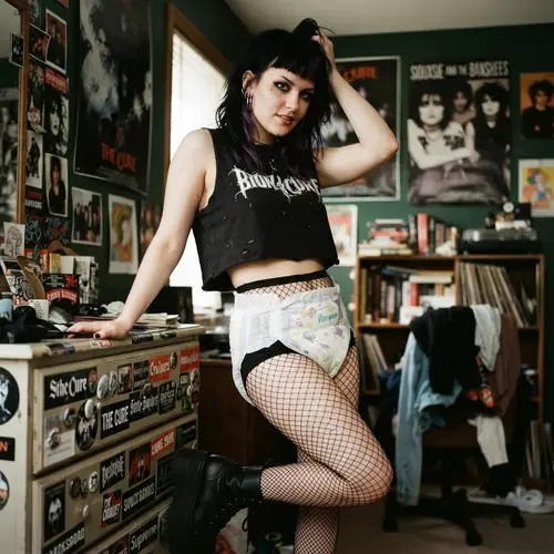Cute Goth Girl in Crop Top and Diapers