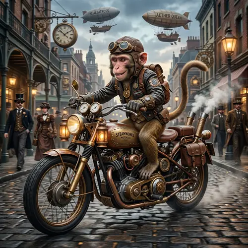 Steampunk Monkey on Motorcycle - Unique Art Piece