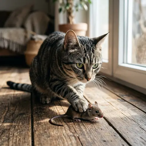 Grey Striped Cat Preying on Mouse | Food Chain Demonstration