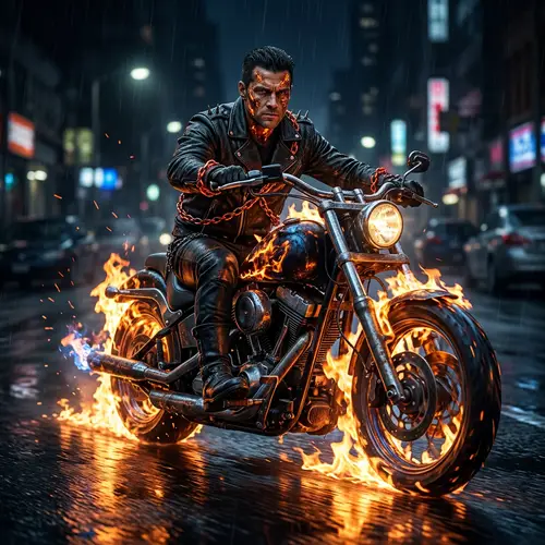 Keanu Reeves Ghost Rider Motorcycle Night Fire 4K Realistic
