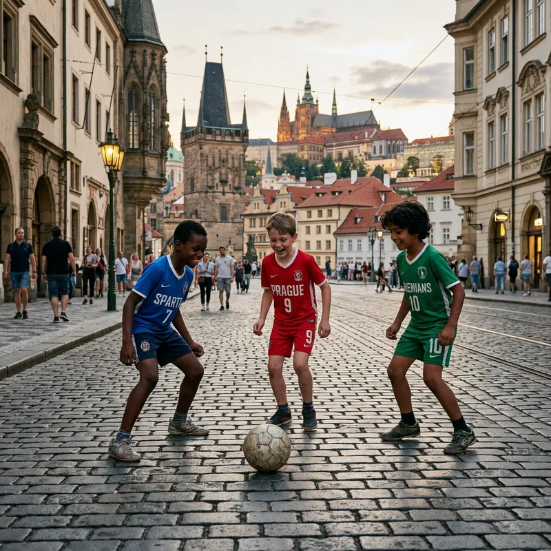 Diverse Boys Playing Soccer in Prague on Cobbled Street Diverse Boys Playing Soccer in Prague on Cobbled Street
