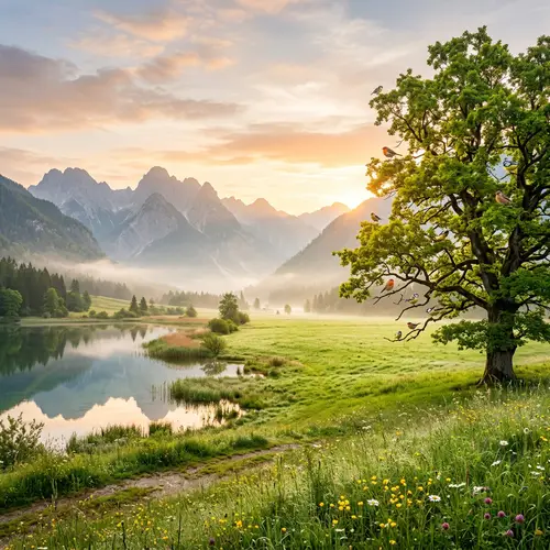 Tranquil Nature Scene: Lush Meadow, Clear Lake, Deciduous Tree
