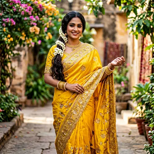 Elegant Indian Woman in Vibrant Yellow Saree