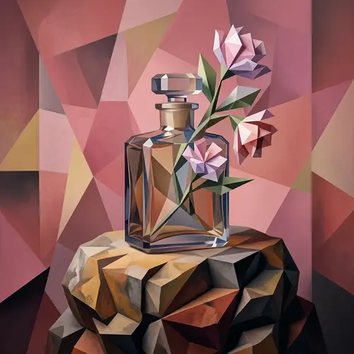 Cubist 3D Rendering of Perfume Bottle with Flowers on Rock