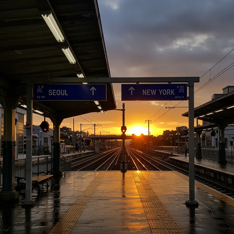 Scenic Train Station: Seoul to New York at Sunset
