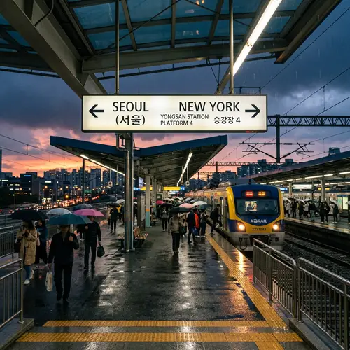 Scenic Train Station: Seoul to New York at Sunset
