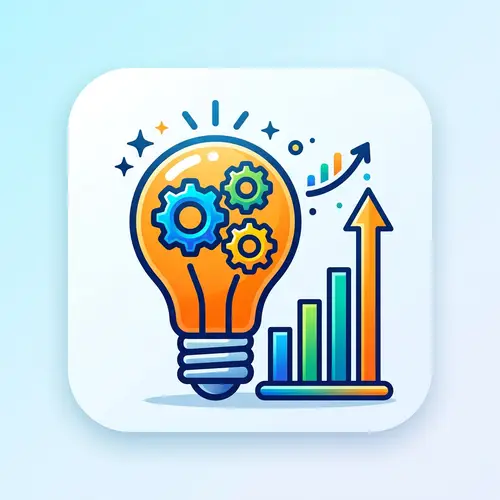 Product Development Icon: Gears, Lightbulb, Bar Chart