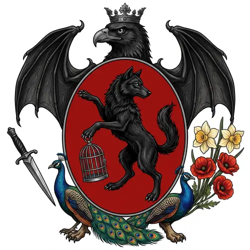 Intricate Wolf and Eagle Coat of Arms with Dagger and Flowers
