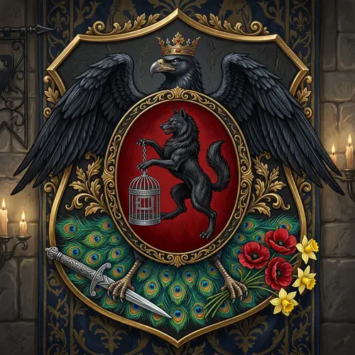 Aristocratic Emblem with Wolf, Eagle, Peacock, and Floral Elements