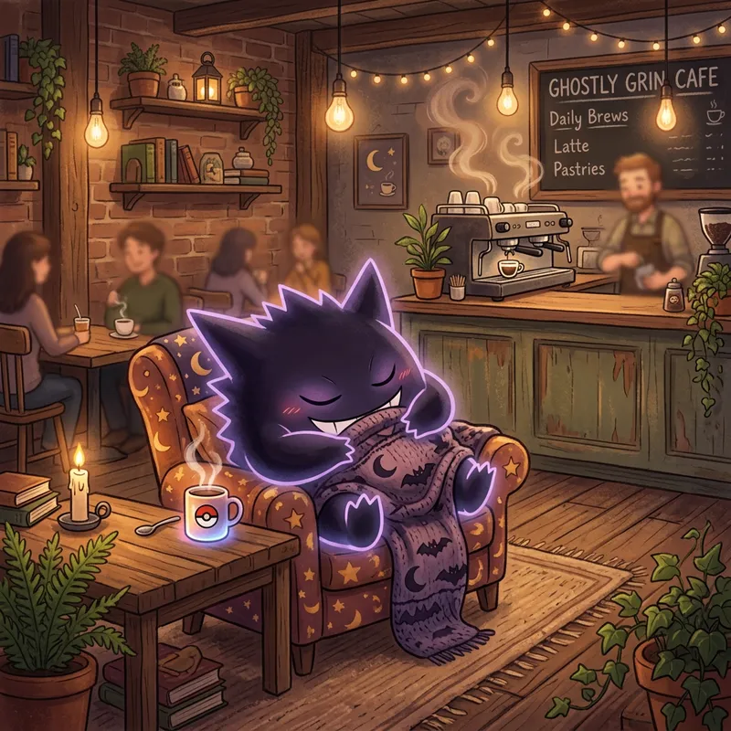 Gengar Sleeping in a Cozy Cafe Illustration Gengar Sleeping in a Cozy Cafe Illustration