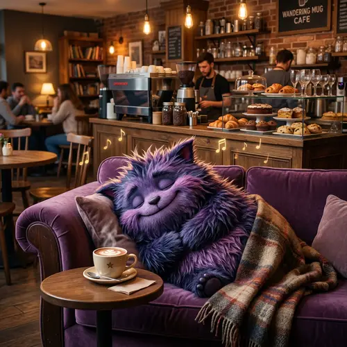 Chubby Ghost Creature Napping in a Cozy Cafe