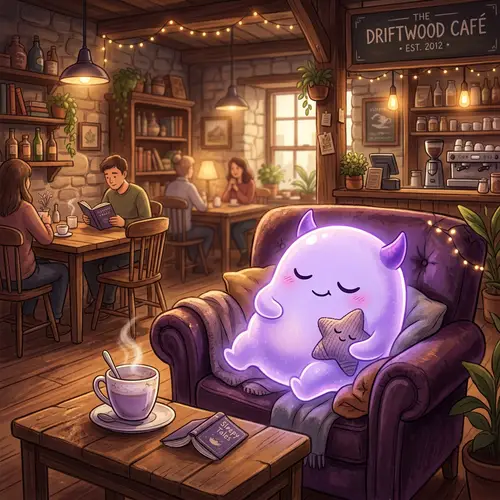 Charming Gengar Napping in a Cozy Cafe