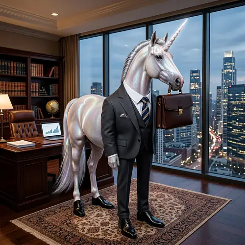Mystical Unicorn in Professional Attire with City Skyline View
