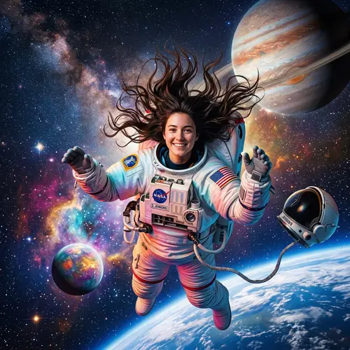 Young Woman Astronaut Floating in Space - Mesmerizing View