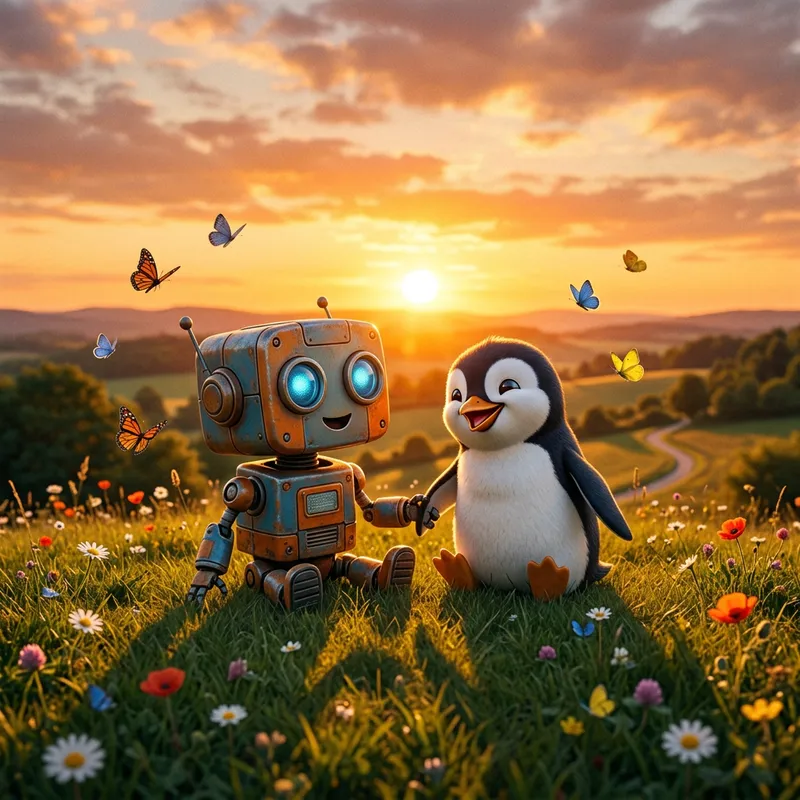 Wall-E and Private: A Heartwarming Friendship in the Sunset Glow Wall-E and Private: A Heartwarming Friendship in the Sunset Glow