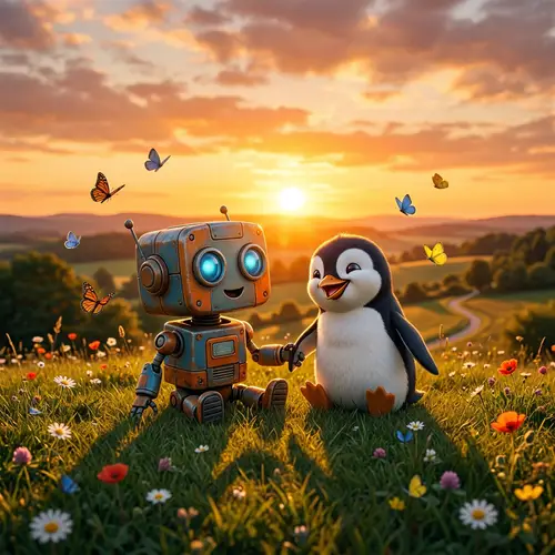 Wall-E and Private: A Playful Love Story at Sunset