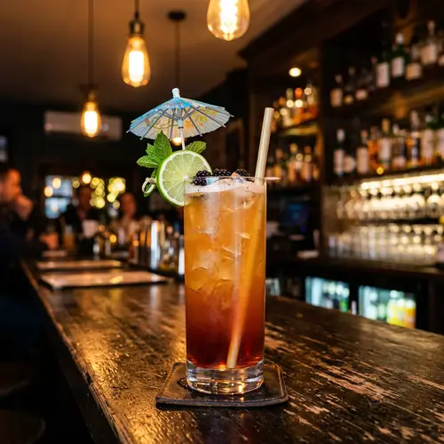 Exquisite Cocktail on Dark Brown Bar Counter